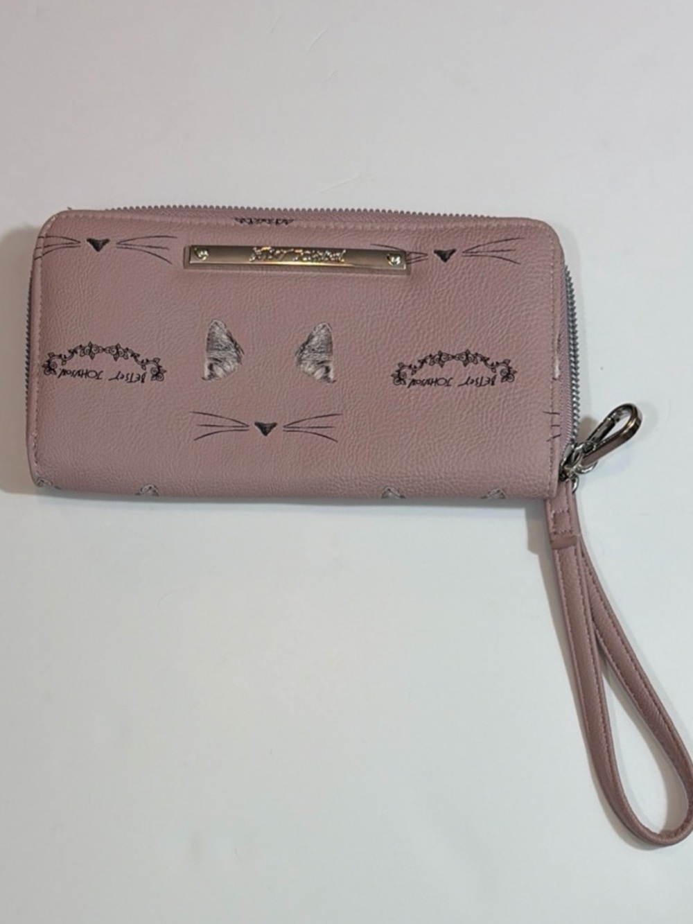 Betsey Johnson Pink Cat Faux Leather Zip Wallet Wristlet